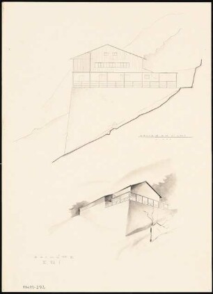 Skihütte Monatskonkurrenz November 1930: Aufriss Seitenansicht (Südostseite) 1:100; perspektivische Ansicht