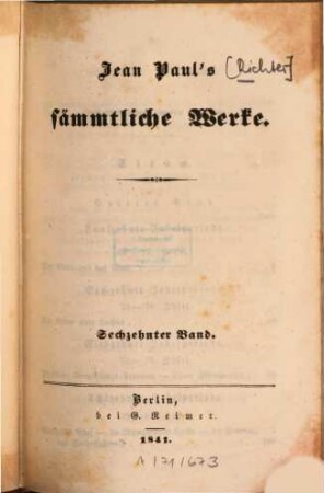 Jean Paul's sämmtliche Werke, 16