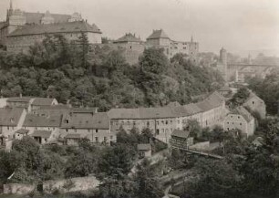Bautzen. Stadtansicht mit Ortenburg, Alter Wasserkunst, Friedensbrücke und Neuer Wasserkunst. Blick von Nordwest