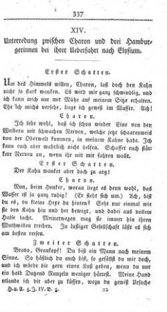XIV. Unterredung zwischen Charon und drei Hamburgerinnen bei ihrer Ueberfahrt nach Elysium.