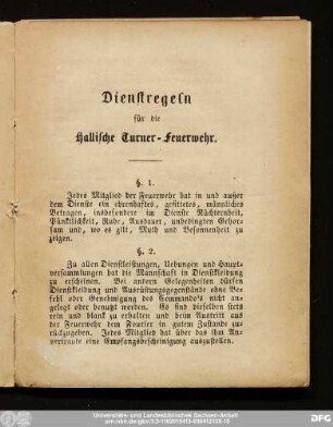 Dienstregeln für die Hallische Turner-Feuerwehr.