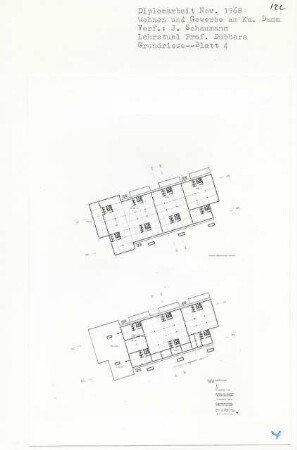 Wohnen und Gewerbe am Kurfürstendamm, Berlin-Charlottenburg (Diplomarbeit bei Kurt Dübbers): Gewerbe, Grundrisse Obergeschoss und 2. Obergeschoss 1:500