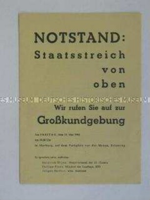 Propagandaschrift mehrerer Organisation der Universität und der Stadt Marburg mit dem Aufruf zu einer Großkundgebung gegen die geplanten Notstandsgesetze