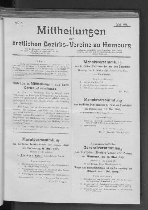 Monatsversammlung des ärztlichen Bezirksvereins St. Pauli und Eimsbüttel am Donnerstag, 18. Mai 1899, im Eimsbütteler Fährhaus, Bismarckstrasse 1.