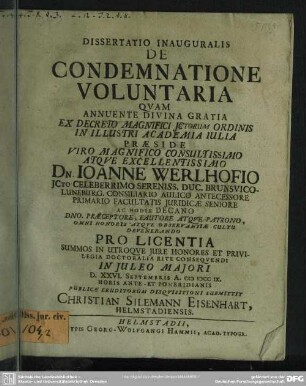Dissertatio Inauguralis De Condemnatione Voluntaria