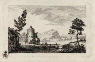 Serie von 14 Landschaften; Bl. 8: Turm und Holzbrücke