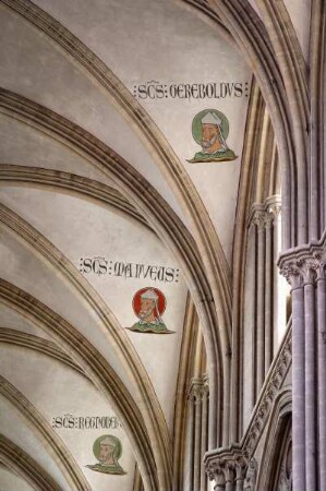 Frankreich. Basse Normandie. Calvados. Bayeux. Kathedrale Notre Dame. 1077 geweiht. Innen. Deckengemälde Bischöfe von Bayeux