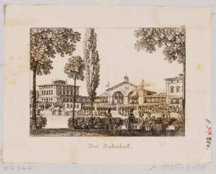 Der Kopfbau des Leipziger Bahnhofes zwischen der Leipziger Straße und Eisenbahnstraße in Dresden-Neustadt, 1839 eingeweiht, Blick nach Norden