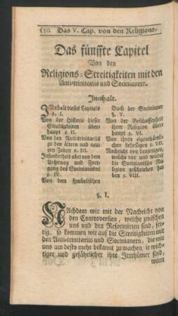 Das fünffte Capitel Von den Religions-Streitigkeiten mit dem Anti-trinitariis und Socinianern