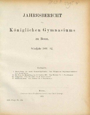 Jahresbericht : über das Schuljahr .... 1891/92