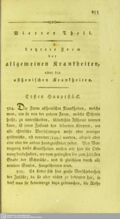 Vierter Theil. Letztere Form der allgemeinen Krankheiten, oder die asthenischen Krankheiten