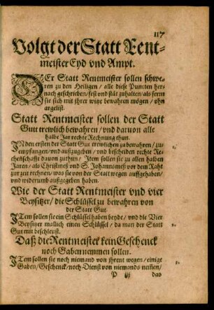 Volgt der Statt Rentmeister Eyd und Ampt.