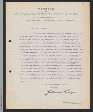 Brief von Helene Lange an Antonie Traun