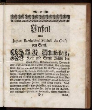 Urtheil Uber Jaques Barthelémi Michéli du Crest von Genff.