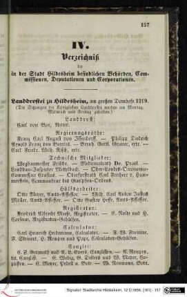 IV. Verzeichniß der in der Stadt Hildesheim befindlichen Behörden, Commissionen, Deputationen und Corporationen.