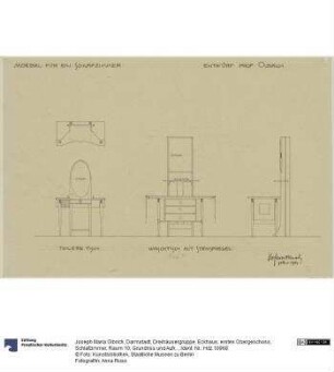 Darmstadt, Dreihäusergruppe, Eckhaus, erstes Obergeschoss, Schlafzimmer, Raum 10, Grundriss und Aufriss des Toilettentisches sowie Aufriss und Seitenansicht des Waschtisches