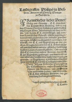 Landtgraffen Philips zu Hessen etc. Antwort an Hertzog Moritzen zu Sachsen etc.