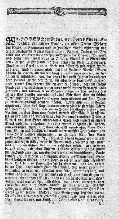 Wir, Joseph der Andere, von Gottes Gnaden, Erwählter Römischer Kaiser,[...]