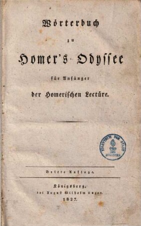 Wörterbuch zu Homers Odyssee : für Anfänger der Homerischen Lectüre