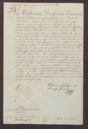 Kollationsurkunde des Bischofs Wilderich von Speyer für Clemens Franz von Beroldingen.