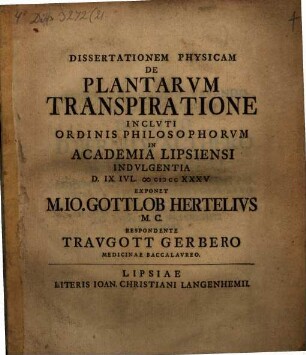 Dissertationem Physicam De Plantarvm Transpiratione