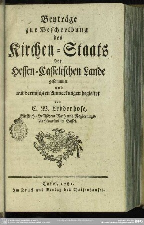 Beyträge zur Beschreibung des Kirchen-Staats der Hessen-Casselischen Lande