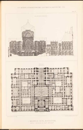 Reichstag, Berlin Zweiter Wettbewerb: Grundriss OG, Längsschnitt (aus: Sammelmappe hervorragender Konkurrenzentwürfe H. 6, hrsg.v. K.E.O. Fritsch, 1883)