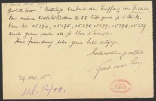 Brief an B. Schott's Söhne : 29.10.1915