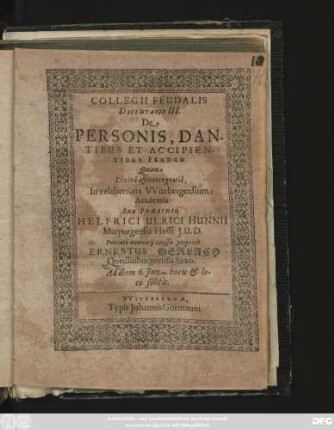 Collegii Feudalis Disputatio III. De Personis Dantibus Et Accipientibus Feudum