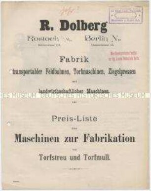 Preis-Liste über Maschinen zur Fabrikation von Torfstreu und Torfmull.