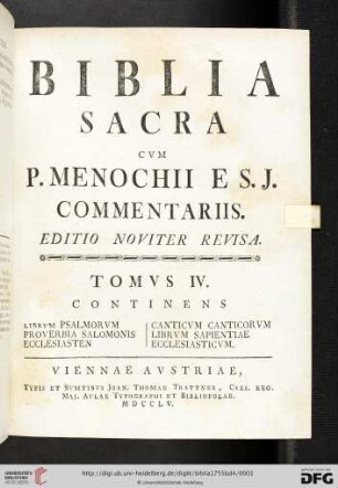 Band 4: Biblia Sacra Vvlgatae Editionis: Sixti V. Pontif. Max. Jvssv Recogn. Et Clement. VIII. Avctoritate Edita; Versibvs Distinctis Et Capitvm Argvmentis Avcta: Continens Librum Psalmorum, Proverbia Salomonis, Ecclesiasten, Canticum Canticorum, Librum Sapientiae, Ecclesiasticum