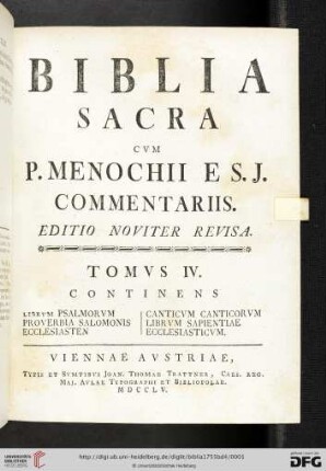 Band 4: Biblia Sacra Vvlgatae Editionis: Sixti V. Pontif. Max. Jvssv Recogn. Et Clement. VIII. Avctoritate Edita; Versibvs Distinctis Et Capitvm Argvmentis Avcta: Continens Librum Psalmorum, Proverbia Salomonis, Ecclesiasten, Canticum Canticorum, Librum Sapientiae, Ecclesiasticum