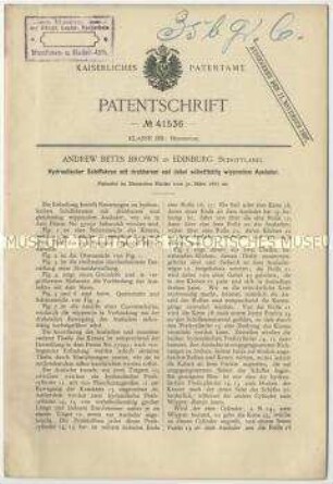Patentschrift eines hydraulischen Schiffskranes mit drehbarem und dabei selbsttätig wippendem Auslader, Patent-Nr. 41536