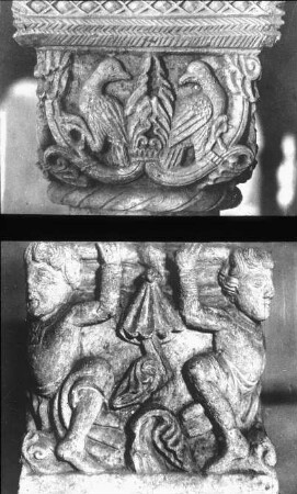 Freising, Dom St. Maria und Korbinian, Domkrypta, mittl. Säulenreihe, 5. Säule v. Osten, Kapitell; mittl. Säulenreihe, 8. Bündelpfeiler v. Osten, Basis