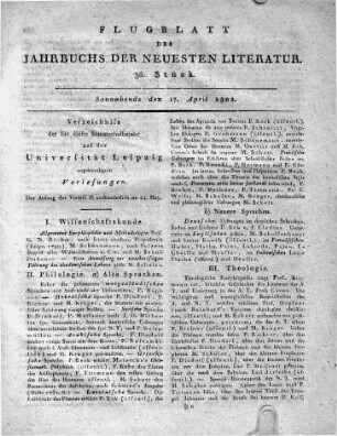 Verzeichniss der für dieses Sommerhalbejahr auf der Universität Leipzig angekündigten Vorlesungen.
