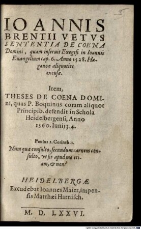 Joannis Brentii vetus sententia de Coena Domini ...