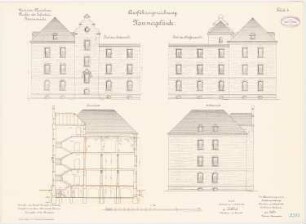Garnison des Infanterie-Kasernements, Mannheim Kammergebäude: Aufriss Straßenansicht, Hofansicht, Giebelansicht, Querschnitt 1:100