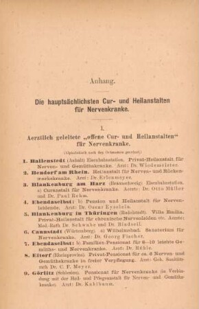 Anhang. Die hauptsächlichsten Cur- und Heilanstalten für Nervenkranke