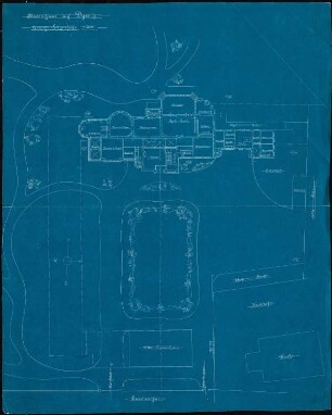 Herrenhaus für Rudolf Mosse, Dyrotz: Lageplan und Grundriss EG 1:200