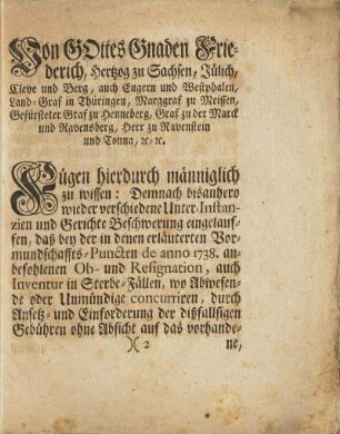 Von Gottes Gnaden Friederich, Hertzog zu Sachsen, ...