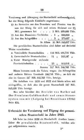 11. Uebersicht der Verzinsung und Tilgung der preussischen Staatsschuld im Jahre 1823