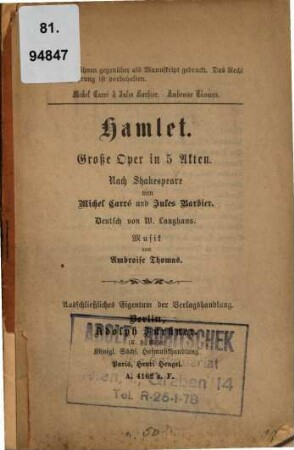 Hamlet : große Oper in 5 Akten und 7 Tableaux