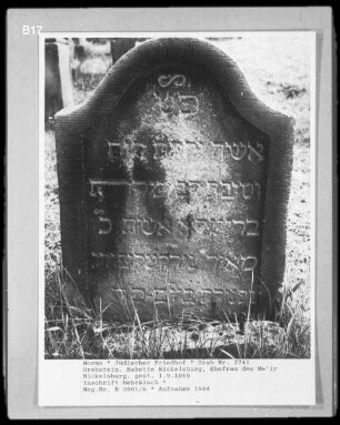 Grabstein von Babette Nickelsburg, Ehefrau des Me'ir Nickelsburg (gestorben 1869.09.01)