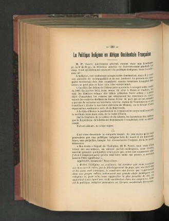 La Politique Indigène en Afrique Occidentale Francaise.