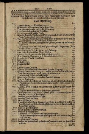 Summarischer Entwurf alles Inhalts dieser Franckfurter Chronick, nach Abtheilung deren darinn befindlichen zweyen Büchern