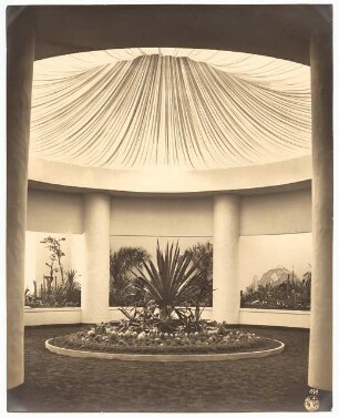 Ausstellungsgarten Jubiläums-Gartenbau-Ausstellung 1926, Dresden: Austellungspalast: Innenansicht Halle mit Baldachin