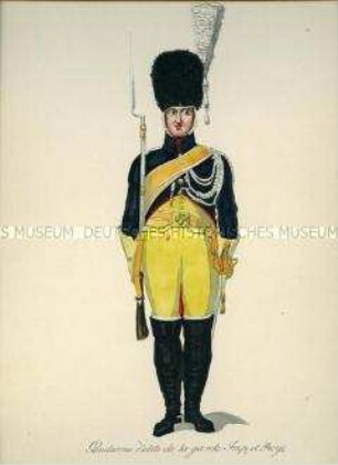 Uniformdarstellung, Gendarm der Kaiserlichen Garde, Frankreich, 1810. Tafel 5 aus: Les Gardes Imperiales et Royales de l'Armée Française.