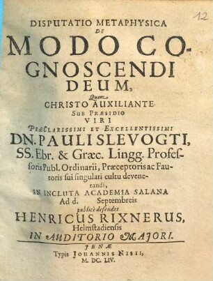 Disputatio Metaphysica De Modo Cognoscendi Deum