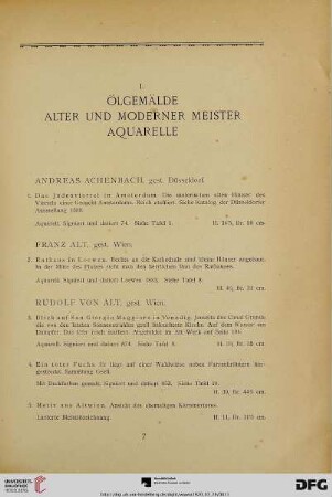 I. Ölgemälde Alter und Moderner Meister , Aquarelle (Nr. 1-195)