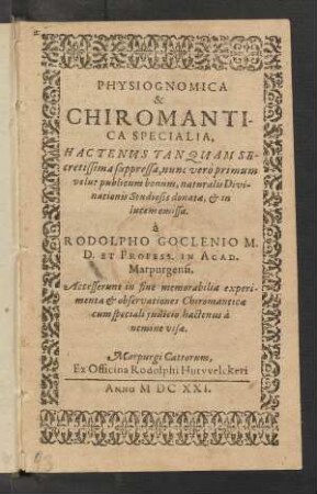 Physiognomica & Chiromantica Specialia : Hactenus Tanquam Secretissima suppressa